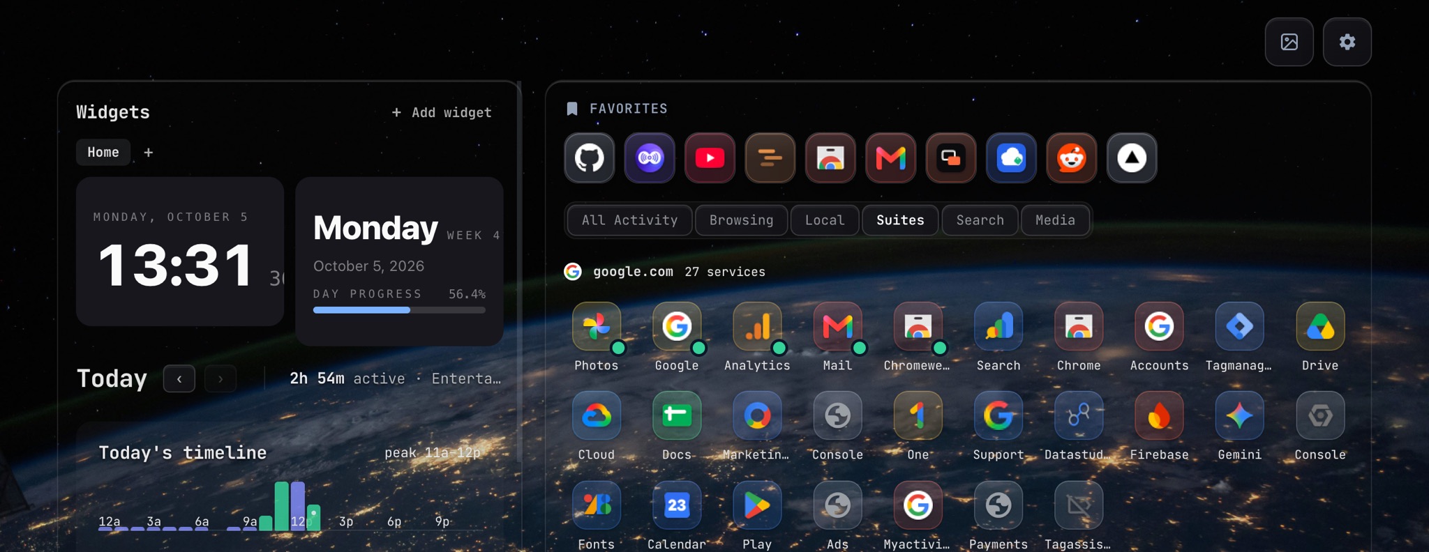 The CoolDesk new tab: clock and day-progress widgets, today’s activity timeline, favorite sites, and 27 Google services grouped under google.com, over a night-time earth wallpaper.