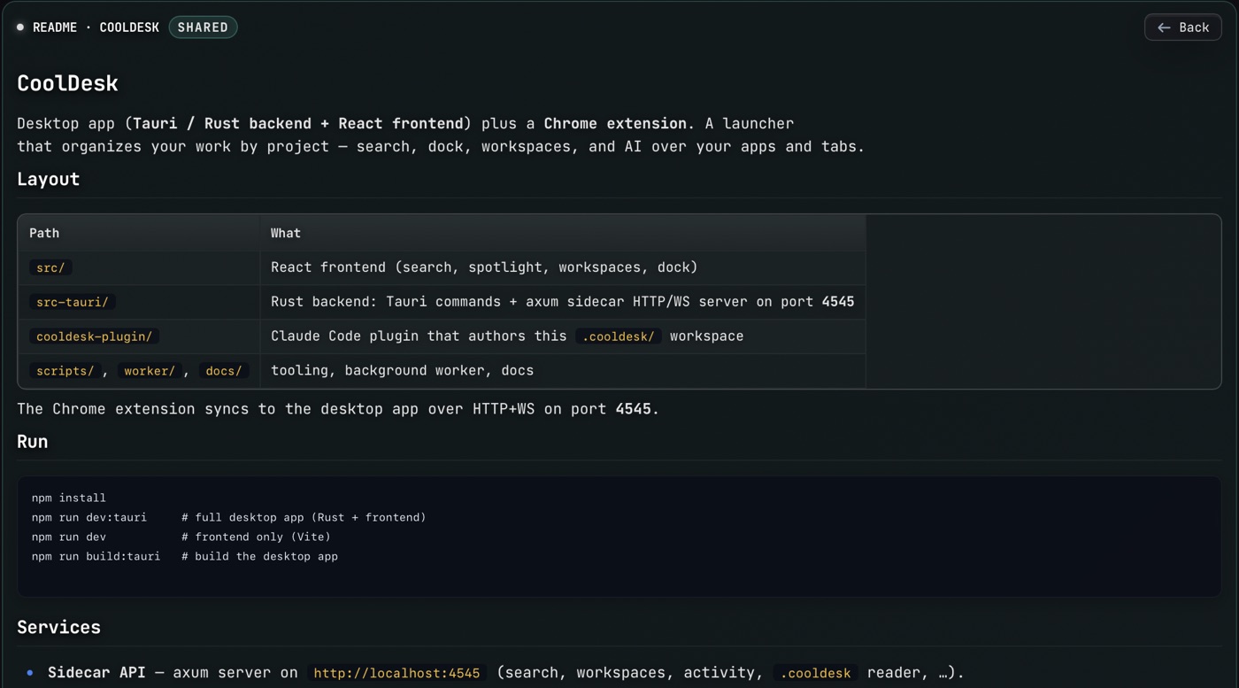 A space’s notes in CoolDesk: the project’s shared README, with its layout table, run commands and services, open in the built-in reader.