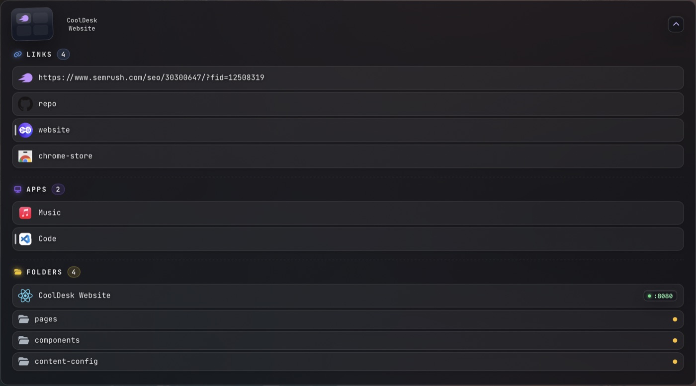 The CoolDesk Website space in CoolDesk: four links (Semrush, repo, website, Chrome Web Store), two apps (Music, VS Code), and four folders, one with a dev server running on port 8080 and three with uncommitted changes.